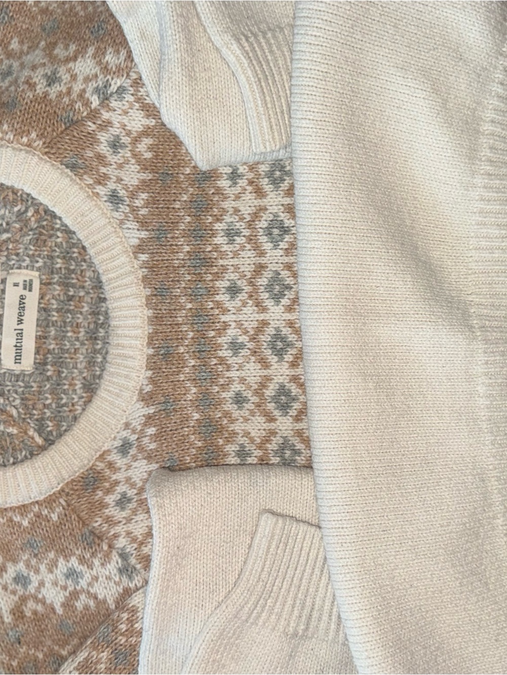 Mutual Weave Cream & Tan Fair Isle Crewneck Sweater